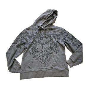 Harley Davidson Y2K Style Hoodie Mens S Gray Flames AOP Biker Tattoo RARE Style